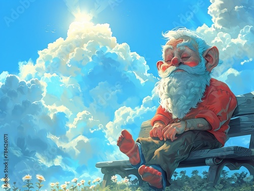 A quirky dwarf with a twinkle in their eye, lazing on a bench under the bright summer sky against a soft blue hue photo