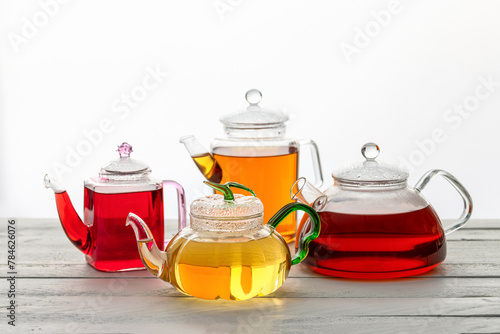 Different type og tea in different glass teapots