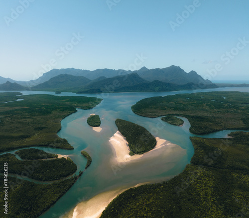 Aerial view of Mangroves in Hinchinbrook National Park. Mountains, rivers and Ramsay Bay Beach along the Thorsborne Trail on Hinchinbrook Island photo