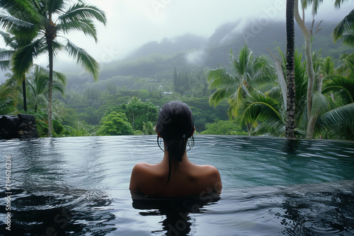 Woman Relaxing in Tropical Pool Oasis Surrounded by Palm Trees and Mountains  Tranquil Paradise Vacation Scene © SHOTPRIME STUDIO