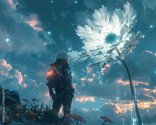 The character in this AIgenerated art seems to embody the dualistic forces of gravity, pulling towards both the relentless drive of financial markets and the serenity of a cosmos flower photo