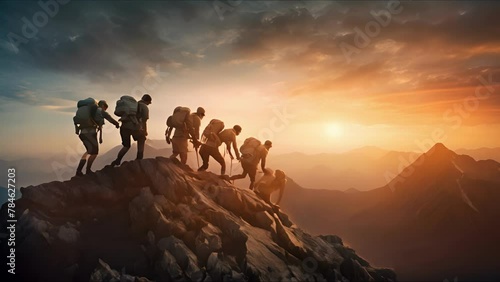 Group of hikers at sunset mountain. Young people on mountain hike at sunrise. They holding hands and helping each other. The concept of support and business. Ai-generated. photo