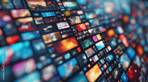 Wall of colorful streaming media thumbnails, Concept of digital marketing, online entertainment, and media consumption