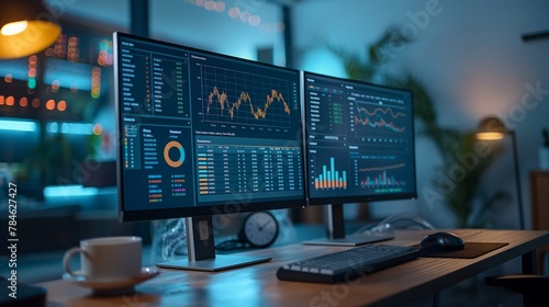 Dual monitors showcasing dynamic financial market graphs and data analysis in a modern office setup, Concept of stock market analysis, trading, and financial management © Susanti