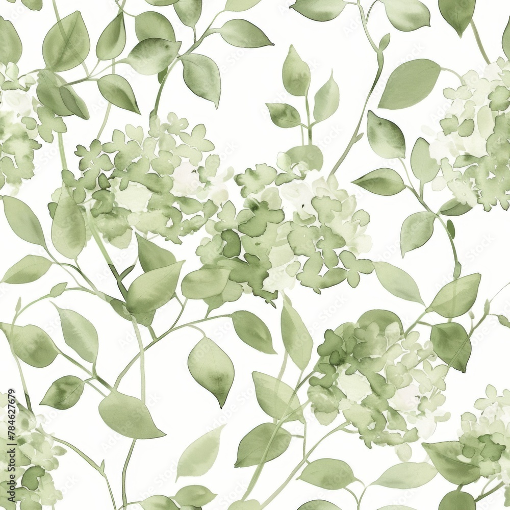 Elegant Green Watercolor Hydrangea and Foliage Seamless Pattern