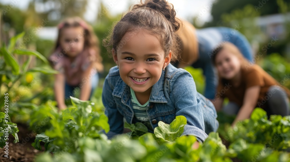 Smiling young girl gardening with family in community garden, Concept of childhood, family bonding, and nature education Smiling young girl gardening with family in community garden, Concept of childhood, family bonding, and nature education