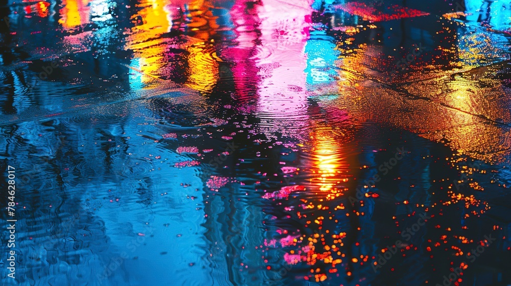 Abstract, puddle reflections, oil effect, urban colors, night, macro, glossy wet surface.