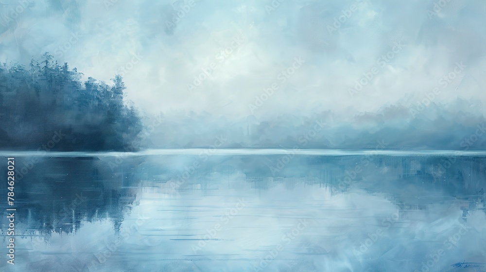 Oil paint, mist over lake, serene blues, dawn, panoramic, soft mist texture. 