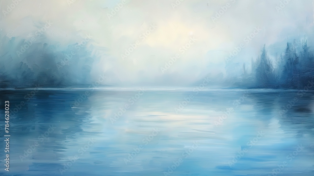 Fototapeta premium Oil paint, mist over lake, serene blues, dawn, panoramic, soft mist texture.