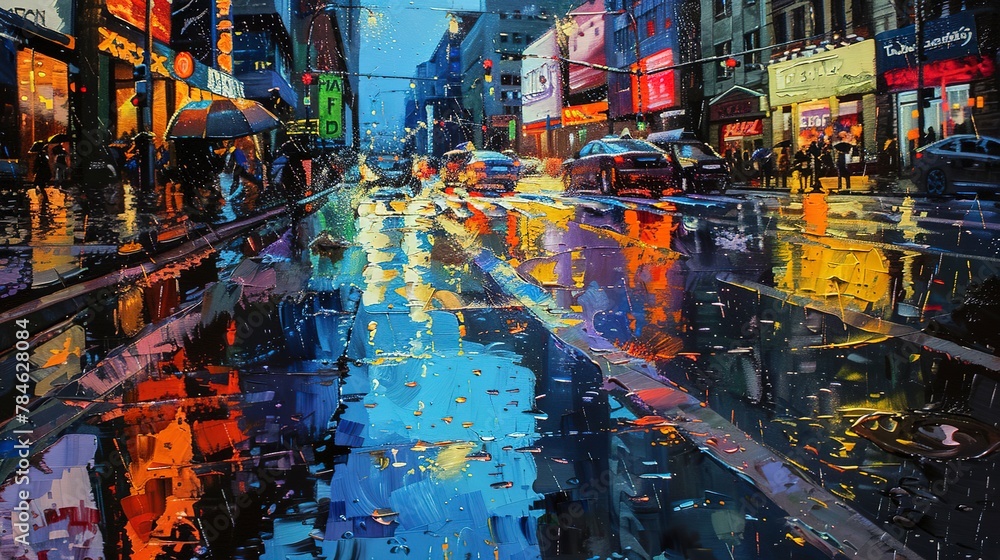 Obraz premium Oil painting, rainy city street, reflective pavement, evening, low angle, shimmering puddles.