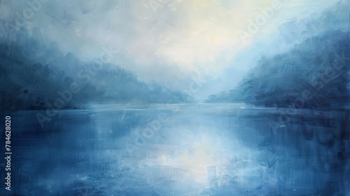 Oil paint  mist over lake  serene blues  dawn  panoramic  soft mist texture. 