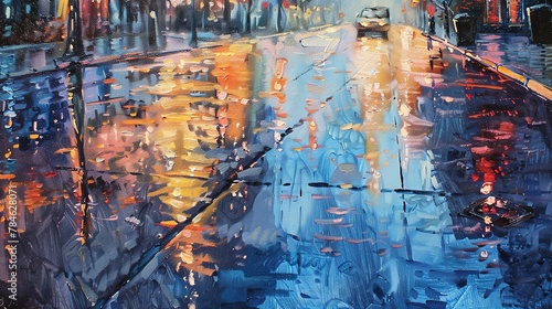 Oil painting, rainy city street, reflective pavement, evening, low angle, shimmering puddles.