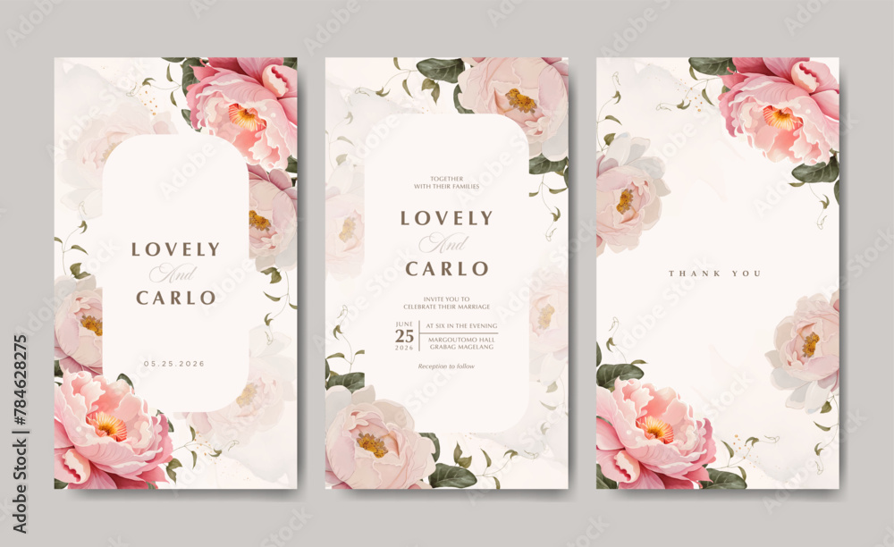Wedding Invitation Card Set Template with Beautiful Floral