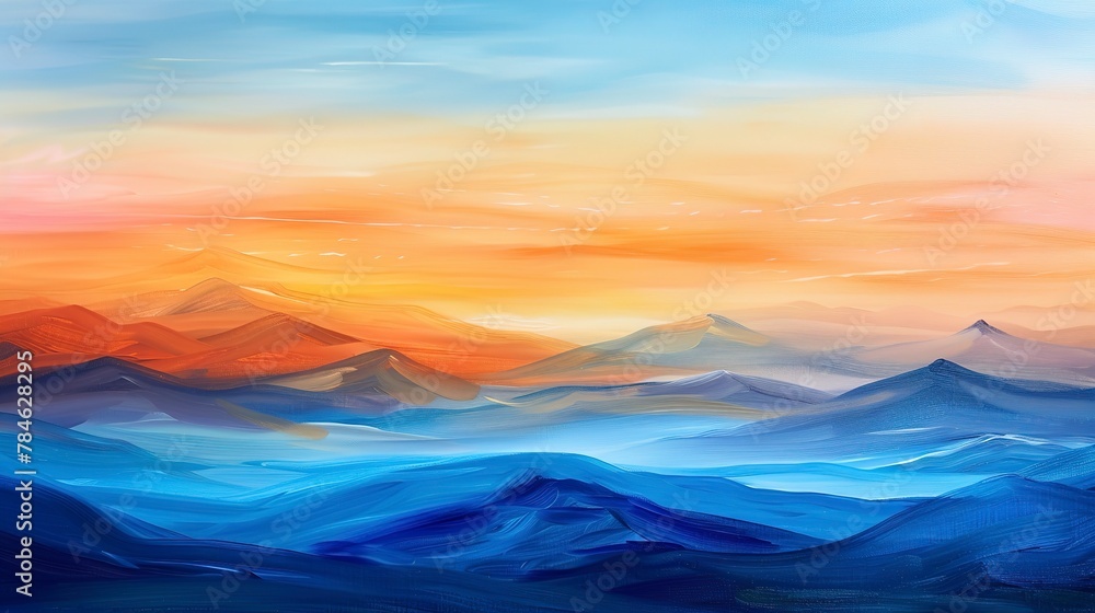 Oil paint, desert sunrise, cool blues to warm oranges, morning, wide view, soft gradient. Oil paint, desert sunrise, cool blues to warm oranges, morning, wide view, soft gradient.