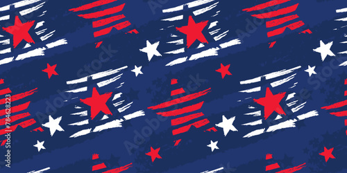 USA seamless pattern with American flag white stars and red lines on blue background. Grunge stars ornament. Fourth of July backgrounds  American posters  fabric and textile