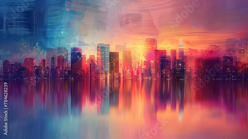 Abstract  city skyline at sunset  oil effect  urban colors  twilight  wide lens  skyline glow. 