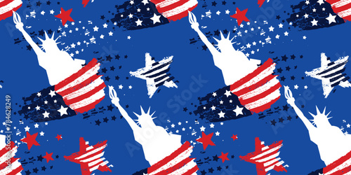 Abstract seamless pattern with statue of Liberty, stars, American flag. USA repeated backdrop. Independence day repeating wallpaper.