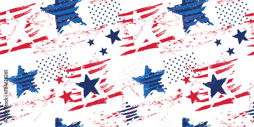 USA seamless pattern with American flag on white background. Grunge stars ornament. Fourth of July backgrounds, American posters, fabric and textile