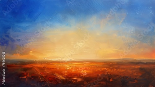 Oil paint, desert sunrise, cool blues to warm oranges, morning, wide view, soft gradient.  #784628263