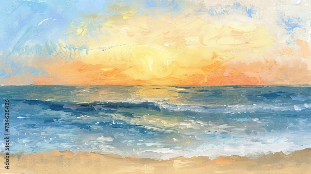 Abstract oil painting, beach sunset, oil painting, warm yellows and cool blues, evening, wide view, sand texture. 
