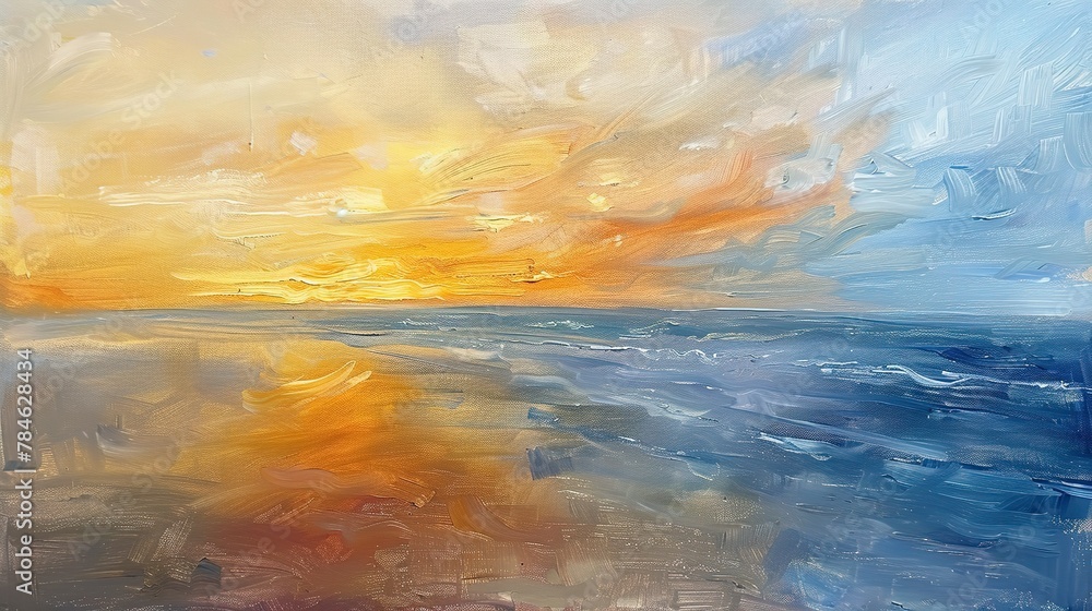 Abstract oil painting, beach sunset, oil painting, warm yellows and cool blues, evening, wide view, sand texture. 