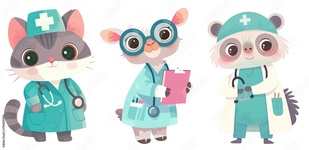 Fototapeta premium Set of cute stylized animal doctor in flat minimalistic style for interior print, board game, book illustration, sticker set. Transparent background. Elements for design. 