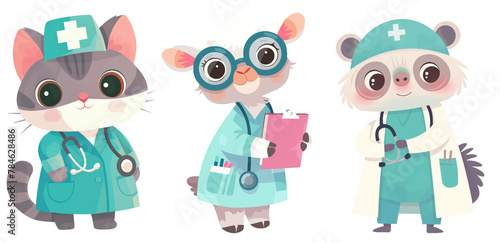 Set of cute stylized animal doctor in flat minimalistic style for interior print, board game, book illustration, sticker set. Transparent background. Elements for design. 