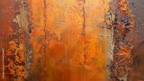 Abstract oil painting  rusted iron  warm oranges and browns  morning light  macro  textured patina. 