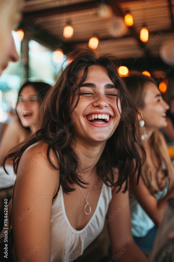 A woman in a moment of candid laughter with friends, her face expressing genuine amusement and joy, the bond of friendship enriching the scene.