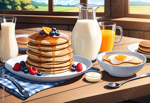Una encantadora ilustración estilo manga de un desayuno muy completo. photo
