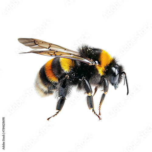 Close-up of a Bumblebee Mid-flight with Transparent Wings and Detailed Fuzzy Body Isolated on Transparent Background
