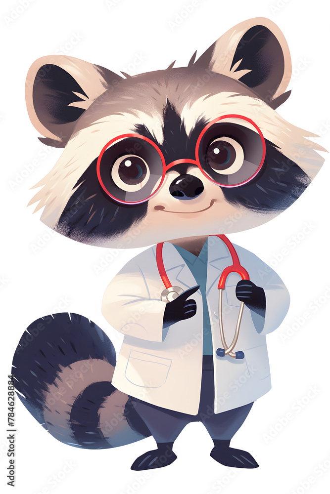 Cute stylized raccoon animal doctor in flat minimalistic style for interior print, board game, book illustration, sticker set, mascot. Transparent background. Elements for design. Cute stylized raccoon animal doctor in flat minimalistic style for interior print, board game, book illustration, sticker set, mascot. Transparent background. Elements for design.