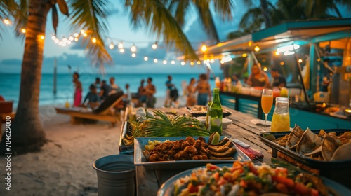 Tropical beach food stand with festive lights offering Caribbean cuisine, Concept of vacation, gastronomy, and beachside dining photo