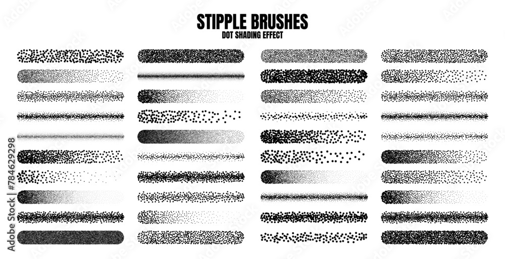 Stipple scatter brush, ink drawing and texturing. Fading gradient. Stippling, dotwork drawing, shading using dots. Halftone disintegration effect. White noise grainy texture. Vector illustration - obrazy, fototapety, plakaty 