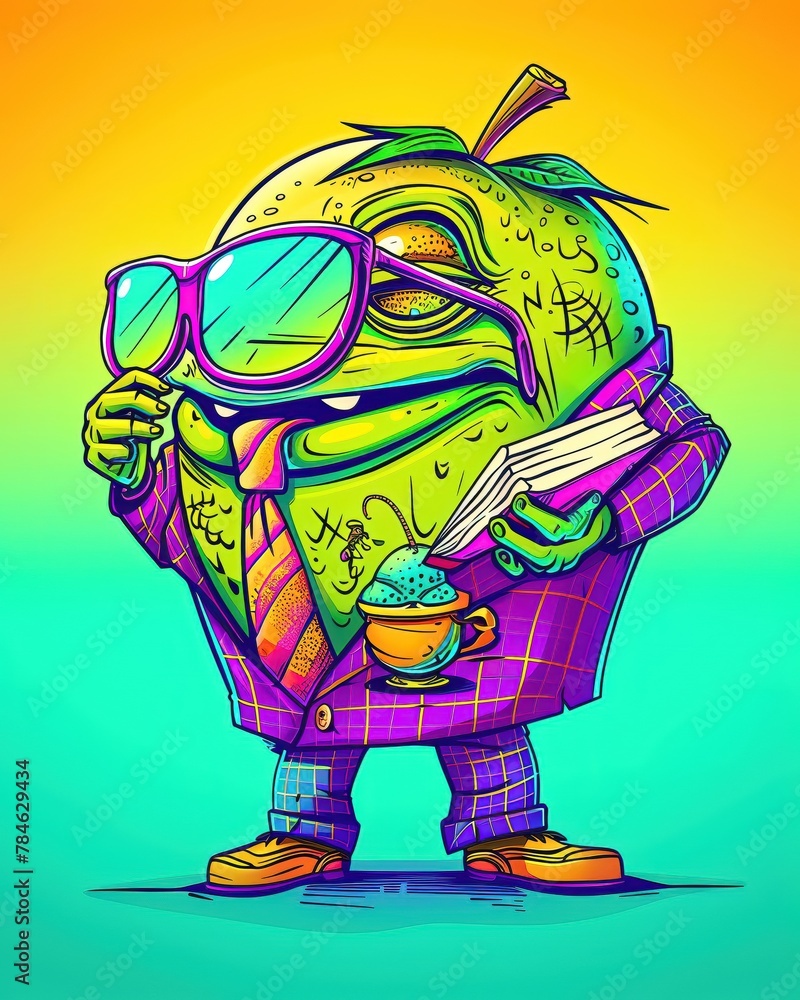 Obraz premium A cheerful apple in a tiny tweed jacket holds a book, its glasses perched on top, seen in scholarly closeup