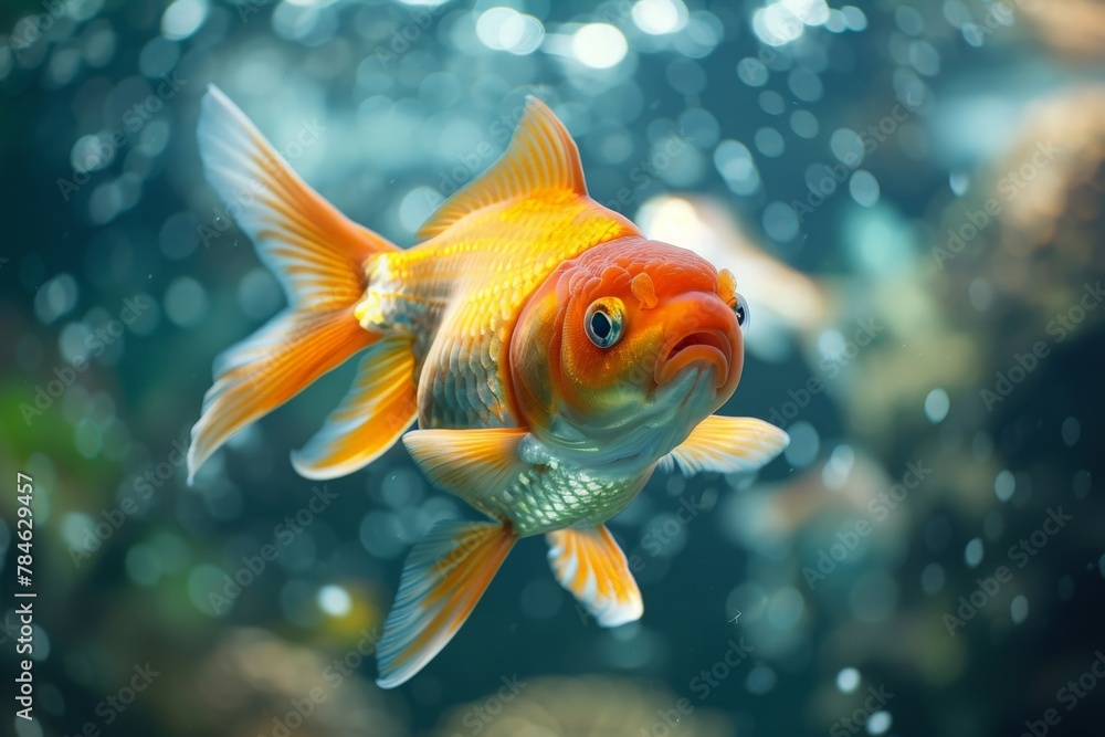 A close up view of a vibrant goldfish swimming gracefully in a beautifully decorated aquarium with colorful plants and rocks. A close up view of a vibrant goldfish swimming gracefully in a beautifully decorated aquarium with colorful plants and rocks.