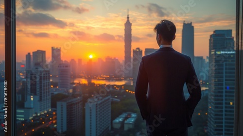Businessman gazing over a cityscape at sunset, reflecting on urban life and career ambitions - Concept of business, aspiration, and metropolitan lifestyle. photo