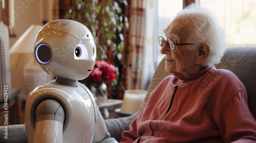 Elderly Caucasian woman shares a warm moment with a care robot in a cozy room