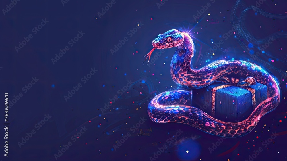 A neon-glowing digital snake coiled around a gift box A neon-glowing digital snake coiled around a gift box