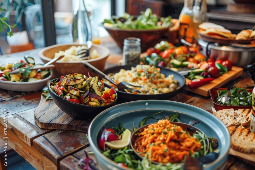 A feast laid out on a rustic wooden table, showcasing an array of delicious dishes and cuisines.