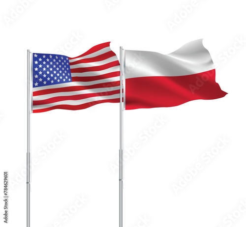 American and Poland flags together.USA,Poland flags on pole