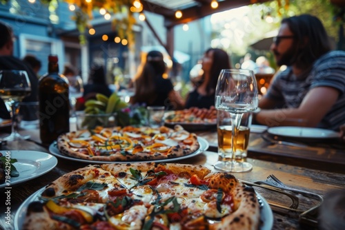 A diverse group of friends happily enjoying a variety of pizzas on a rustic wooden table in a cozy outdoor setting.