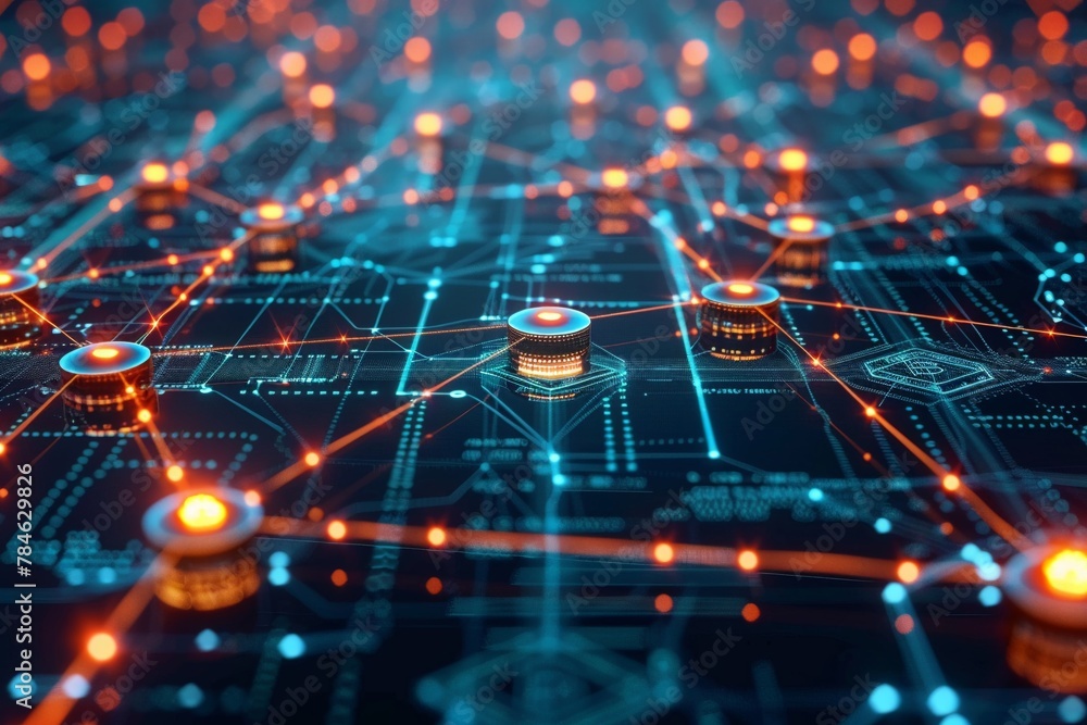 Blockchain network visualization, nodes connecting globally, wide shot, intricate and glowing Blockchain network visualization, nodes connecting globally, wide shot, intricate and glowing