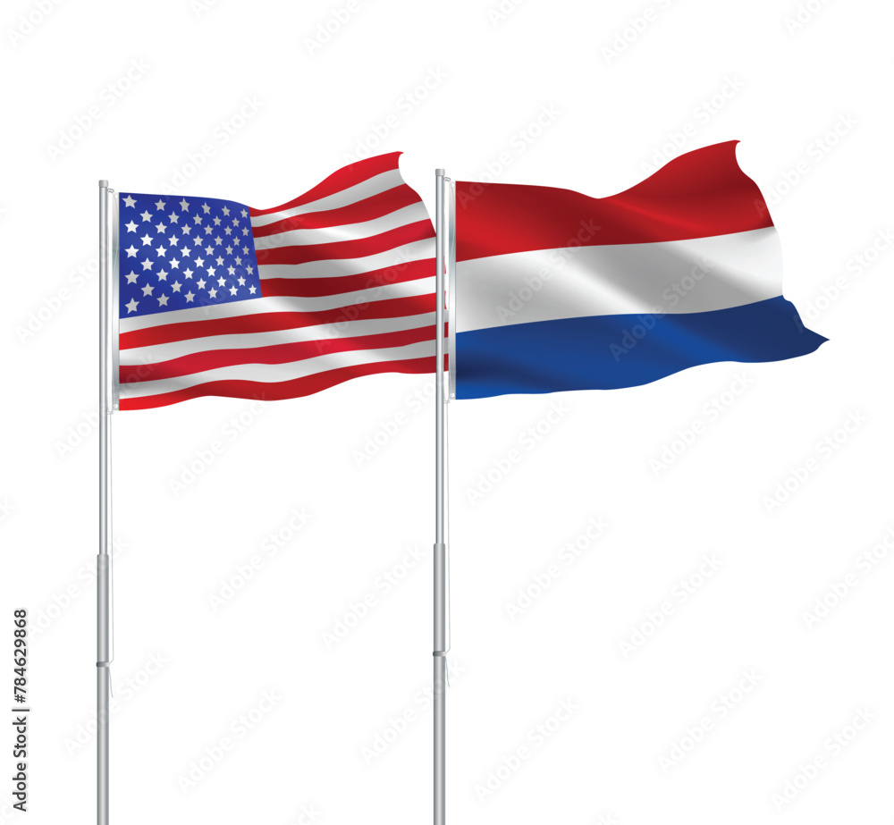 Fototapeta premium American and Netherlands flags together.USA,Netherlands flags on pole