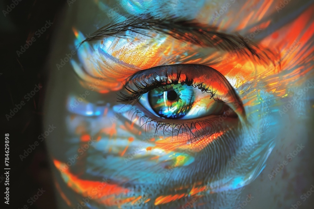 A close up of a persons eye adorned with colorful feathers, creating a surreal and captivating image.