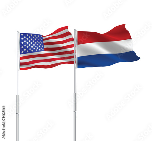 American and Netherlands flags together.USA,Netherlands flags on pole