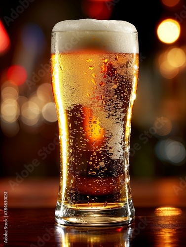 A close up of a glass of beer with a foamy head. photo