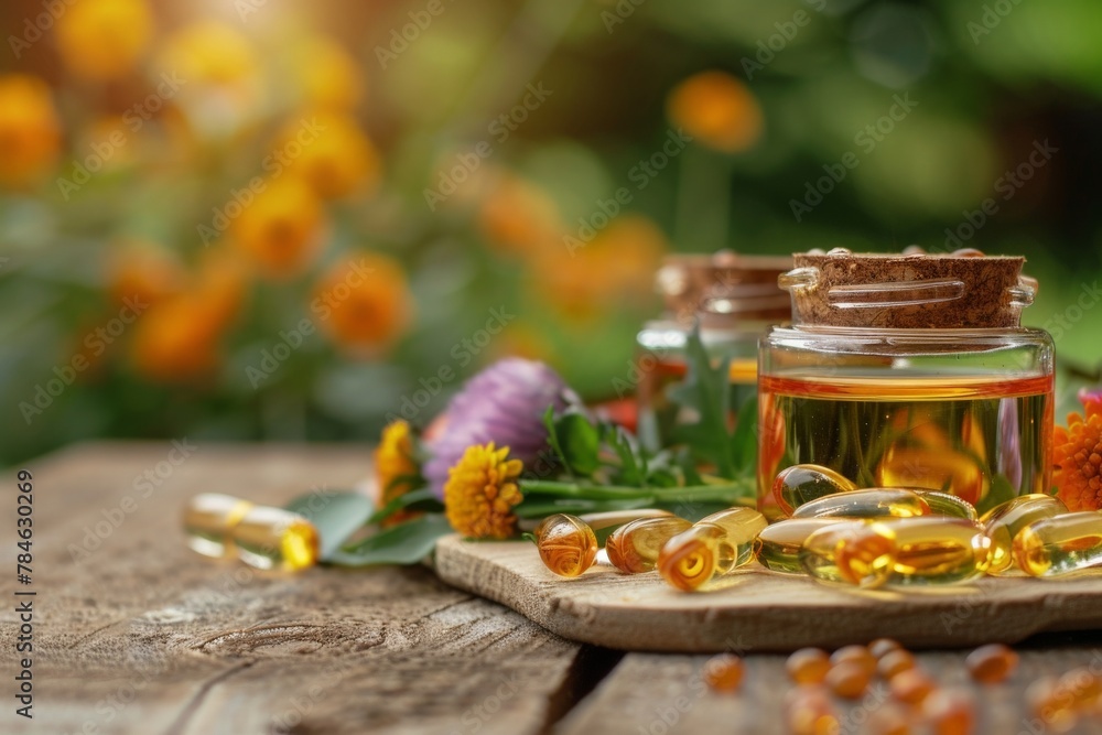 Naklejka premium A collection of jars filled with colorful liquids sitting on a rustic wooden table, creating a magical and enchanting scene.
