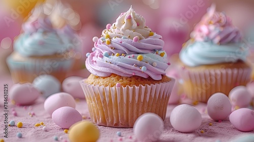 A cupcake with pink and blue frosting and rainbow sprinkles sits on a table with a pink background.