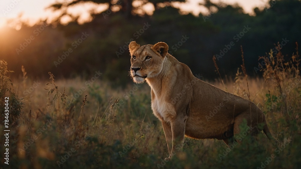 Lioness in the forest at sunset